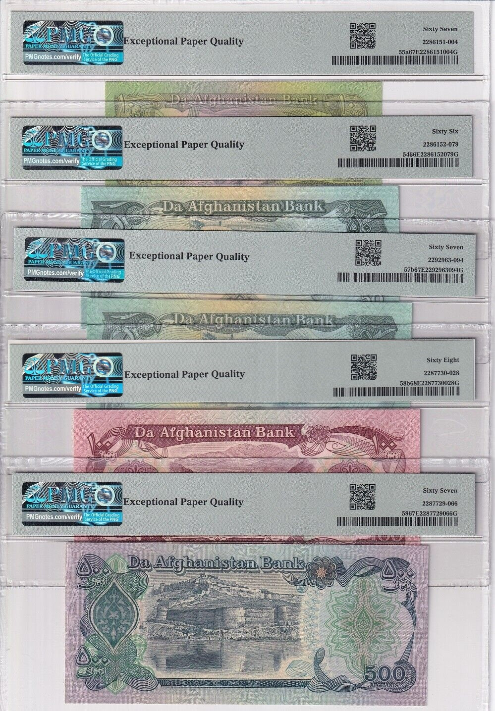Afghanistan Set 9; 10-100 500-10K Af. 1993 P 54-63 Superb UNC PMG 66 67 68 EPQ