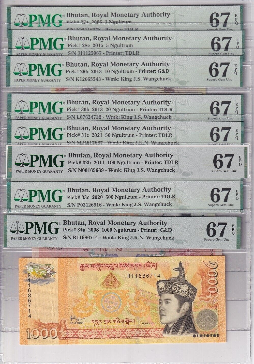 Bhutan Set 8; 1-100 500 1000 Ngultrum 2006-21 P27-P34 Superb Gem UNC PMG 67 EPQ