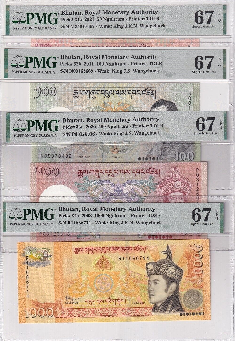 Bhutan Set 8; 1-100 500 1000 Ngultrum 2006-21 P27-P34 Superb Gem UNC PMG 67 EPQ