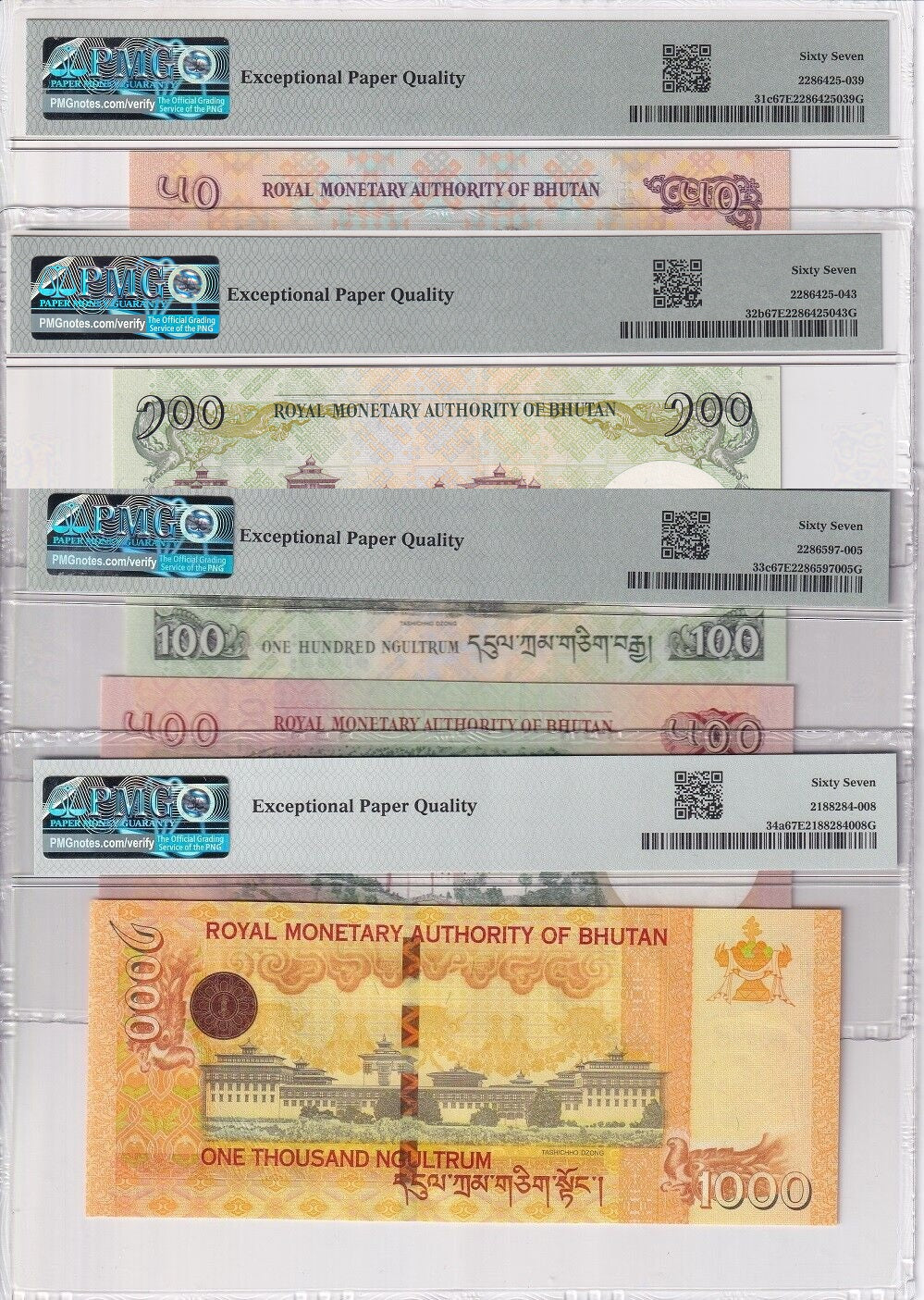Bhutan Set 8; 1-100 500 1000 Ngultrum 2006-21 P27-P34 Superb Gem UNC PMG 67 EPQ