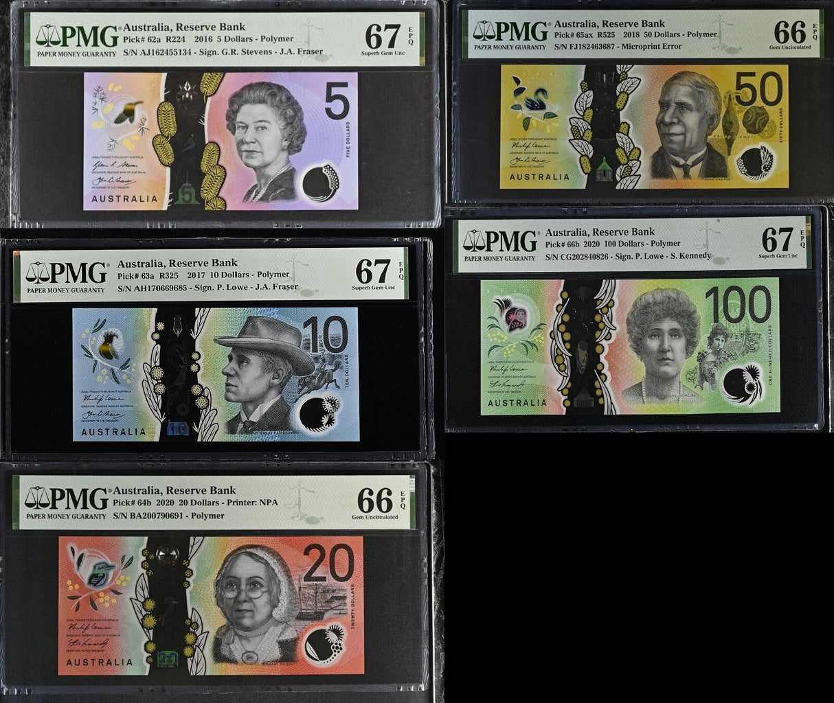 Australia Set 5; 5-20 50 100 Dollars P 62 63 64-66 Superb Gem UNC PMG 66 67 EPQ