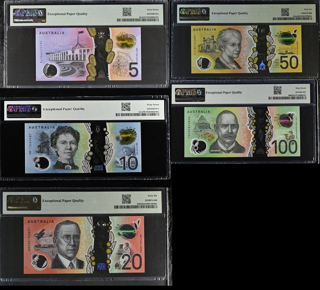 Australia Set 5; 5-20 50 100 Dollars P 62 63 64-66 Superb Gem UNC PMG 66 67 EPQ