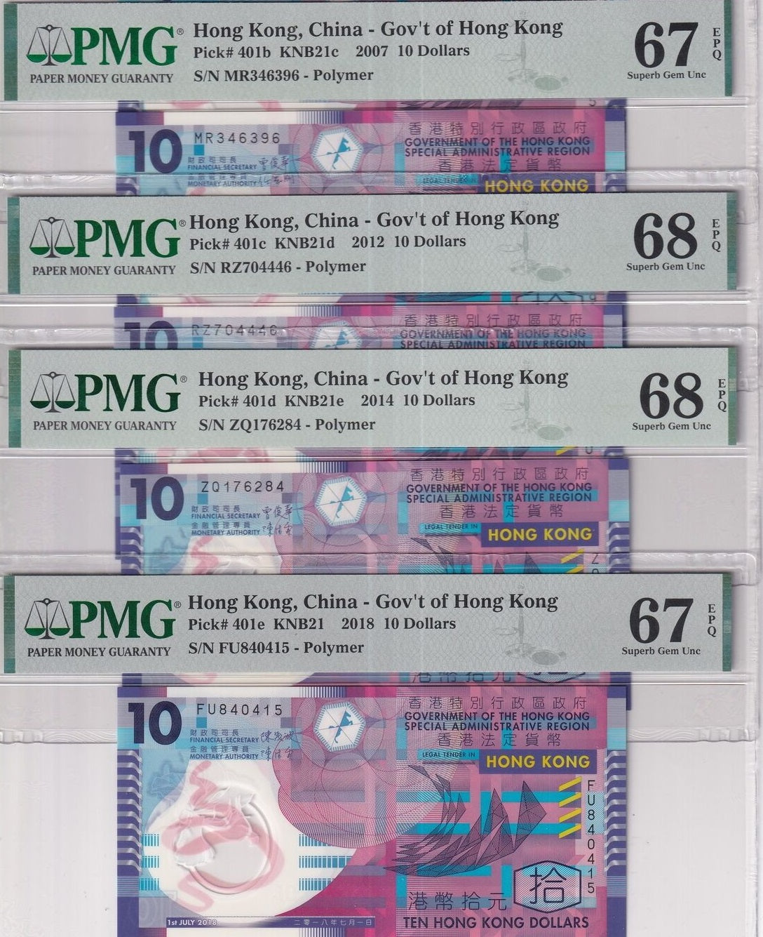 Hong Kong Set 4; 10 Dollars 2007 2012 2014 2018 P 401 Superb UNC PMG 67 68 EPQ