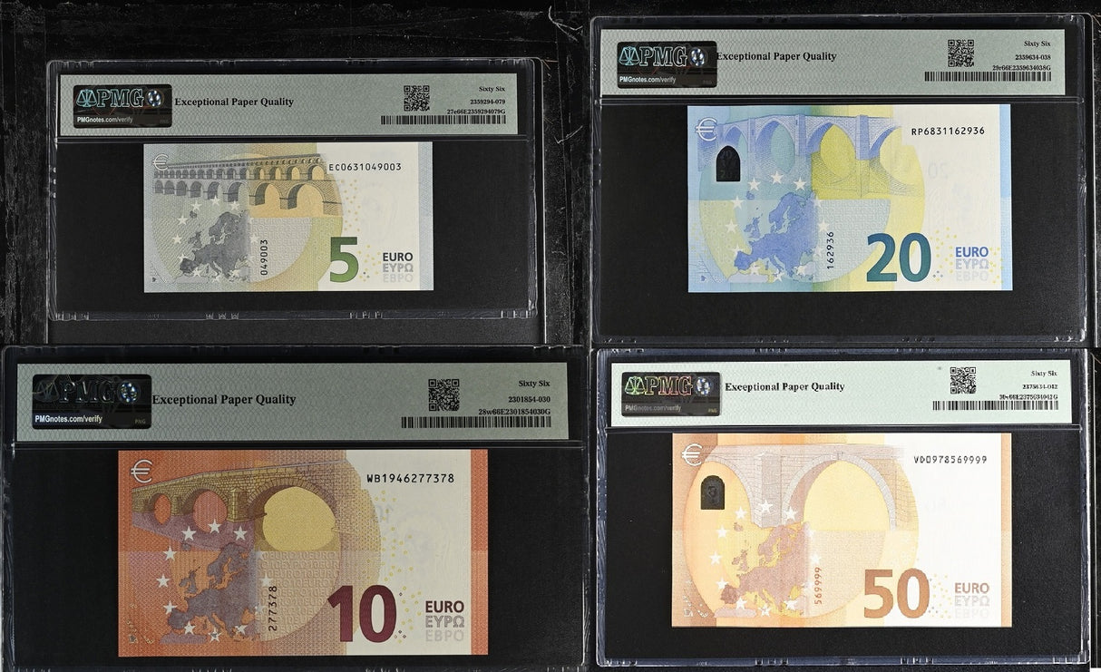 Euro Set 4; 5 10 20 50 Euro 2013-2017 P 27 28 29 P 30 Gem UNC PMG 66 EPQ