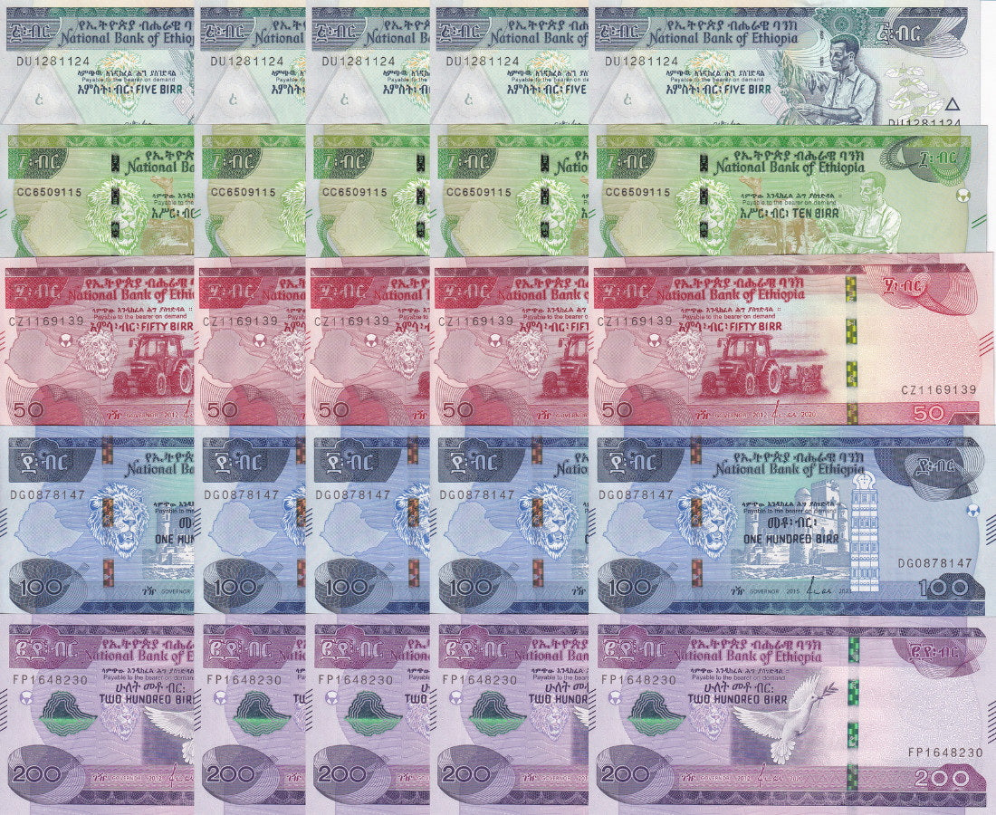 Ethiopia Set 5 UNC 5 10 50 100 200 2012-2023 P 47 53 54 55 56 Lot 5 SET = 25 Pcs