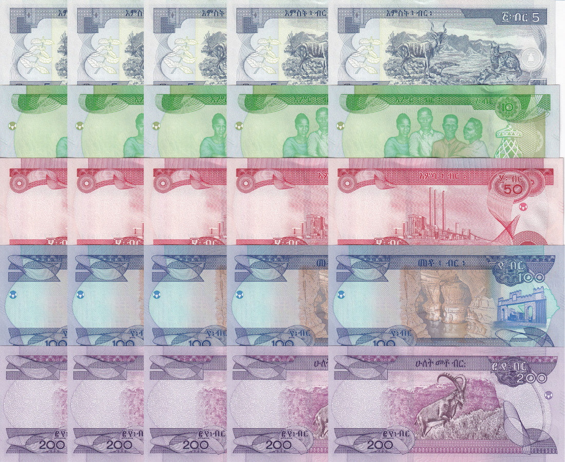 Ethiopia Set 5 UNC 5 10 50 100 200 2012-2023 P 47 53 54 55 56 Lot 5 SET = 25 Pcs