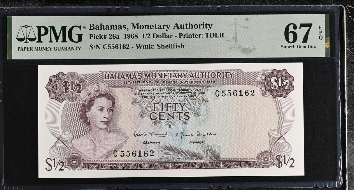Bahamas 50 Cents 1968 P 26 a QEII Superb Gem UNC PMG 67 EPQ