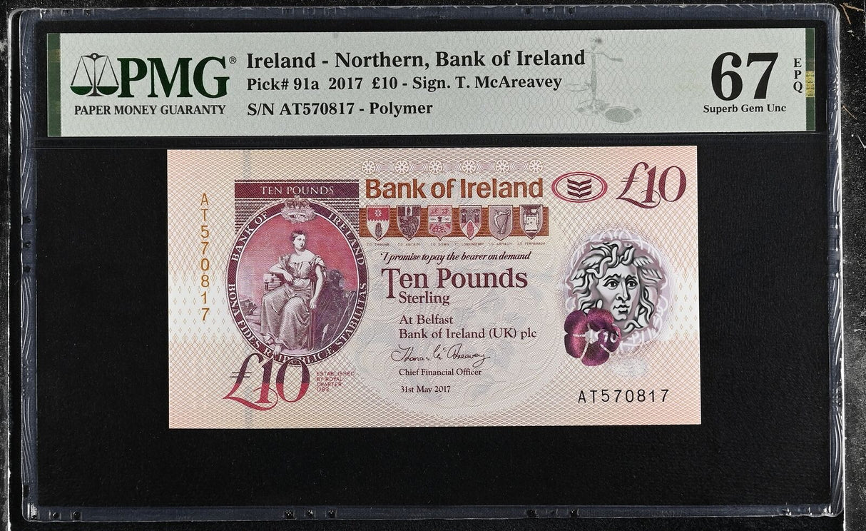 Northern Ireland 10 Pounds 2017 BOI P 91 a Polymer Superb Gem UNC PMG 67 EPQ