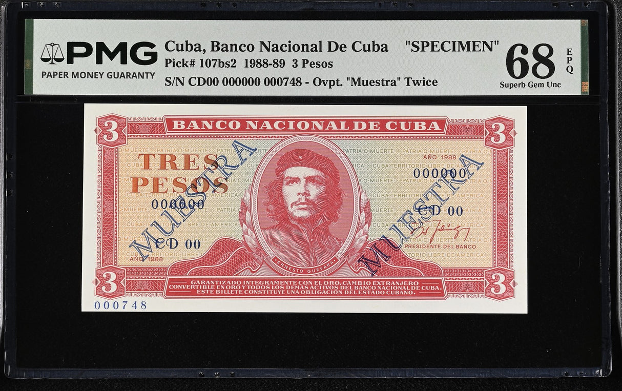 Central America 3 Pesos 1988 P 107bs2 Specimen CHE Guevara Superb Gem UNC PMG 68 EPQ