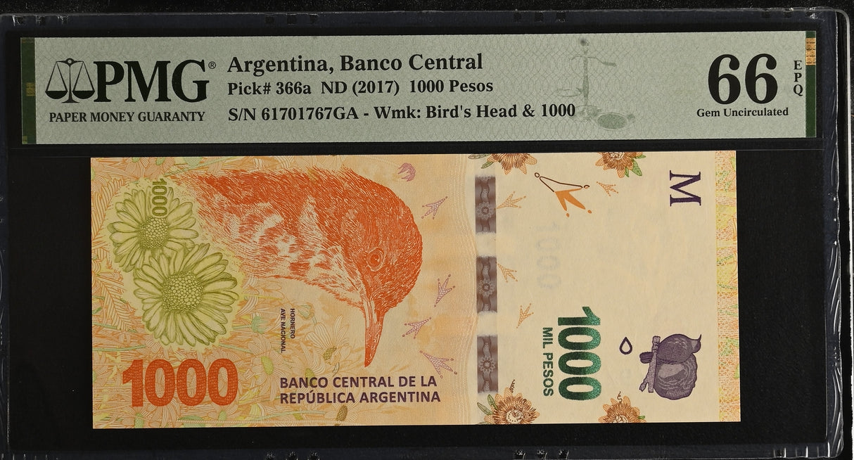 Argentina 1000 Pesos ND 2017 P 366 a Gem UNC PMG 66 EPQ