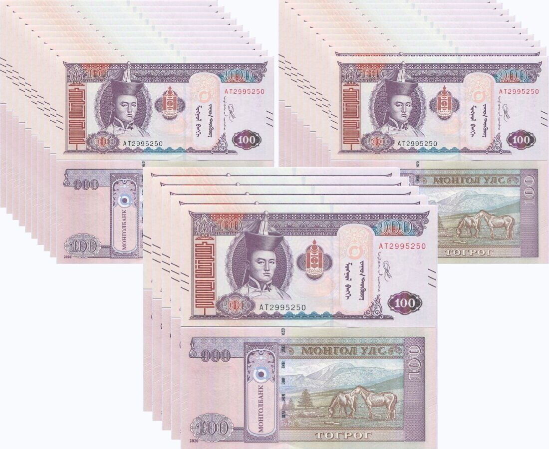 Mongolia 100 Tugrik 2020 P 73 New symbol UNC LOT 25 Pcs 1/4 BUNDLE