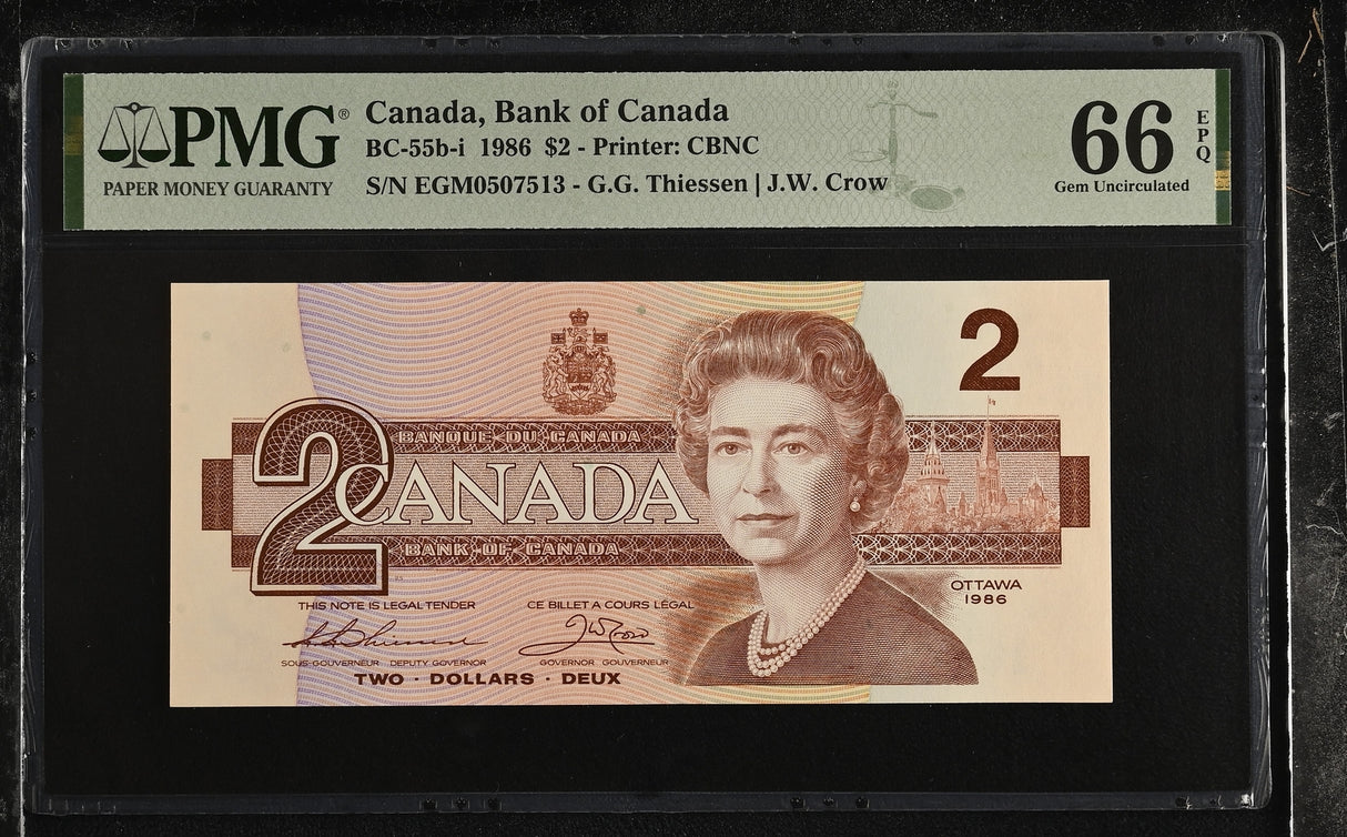 Canada 2 Dollars 1986 P 94 Thiessen Crow BC-55b-i Gem UNC PMG 66 EPQ