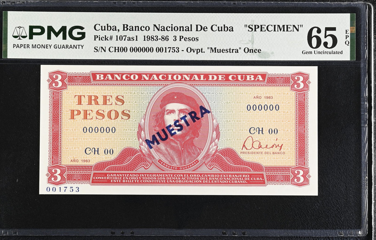 Central America 3 Pesos 1983 P 107s1 Specimen CHE Guevara GEM UNC PMG 65 EPQ
