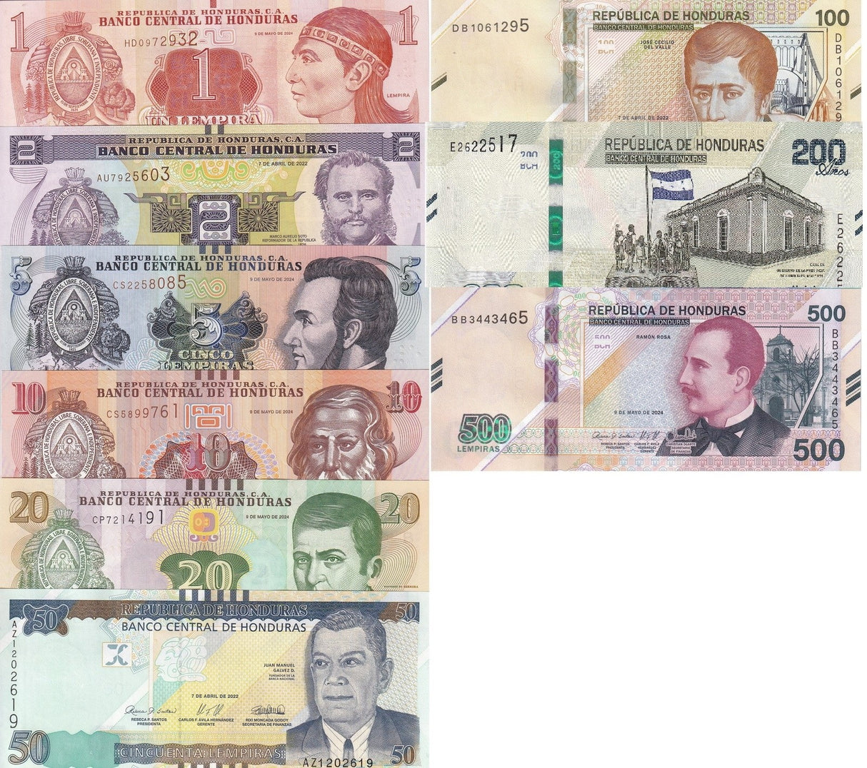 Honduras Set 9 UNC 1-200 500 Lempiras 2022-2024 P 96 97 98 99 100-114 P New