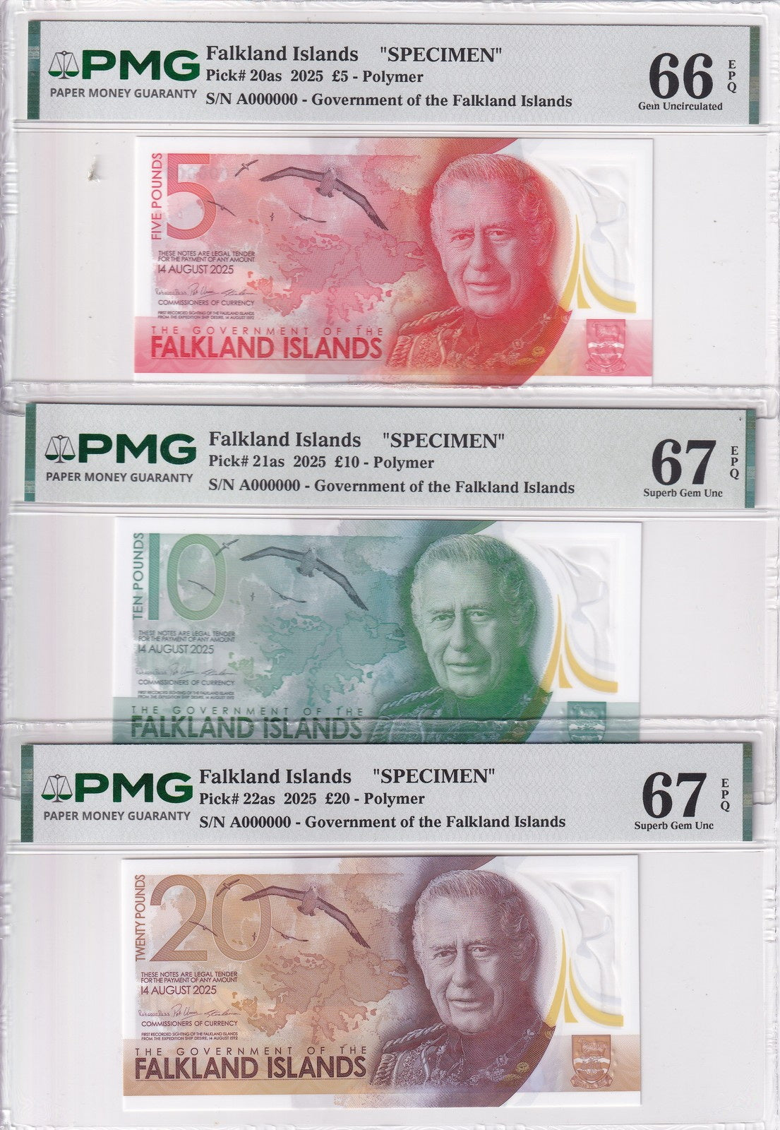 Falkland set 3 UNC 5 10 20 Pounds 2025 P 21 22 23 SPECIMEN GEM UNC PMG 66 67 EPQ