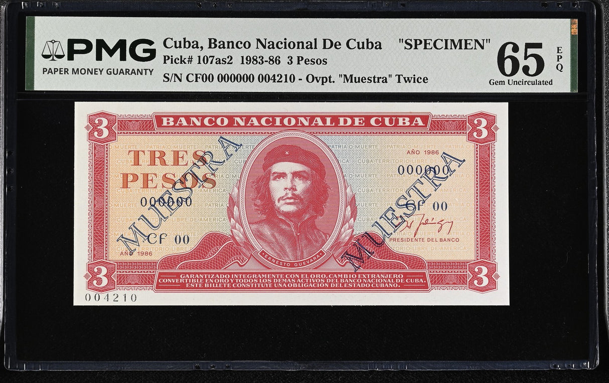 Central America 3 Pesos 1986 P 107s2 Specimen CHE Guevara GEM UNC PMG 65 EPQ