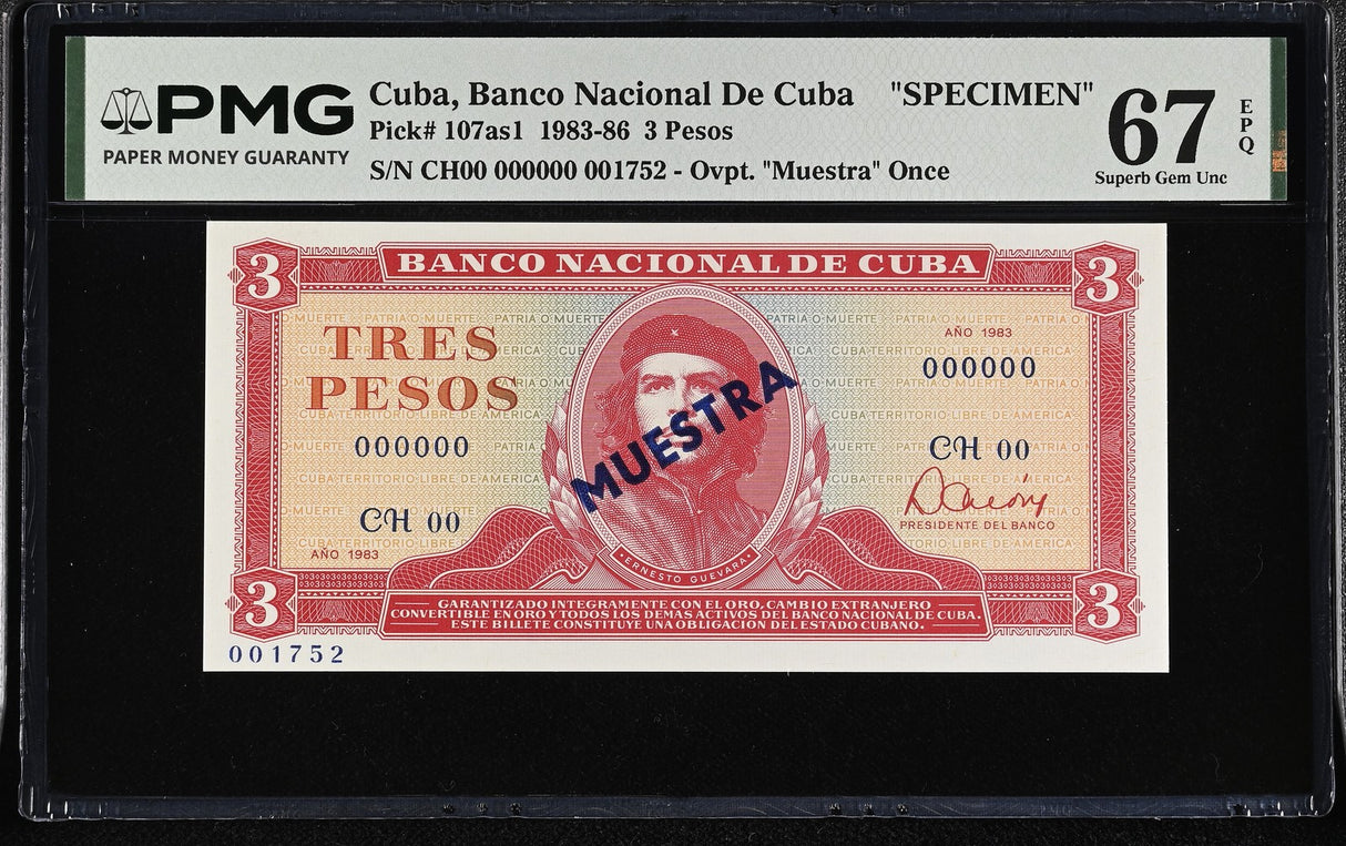 Cuba 3 Pesos 1983 P 107as1 SPECIMEN Superb Gem UNC PMG 67 EPQ TOP POP