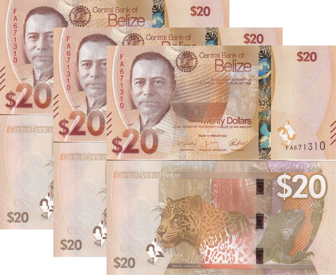 Belize 20 Dollars 2025 P 76 UNC LOT 3 Pcs
