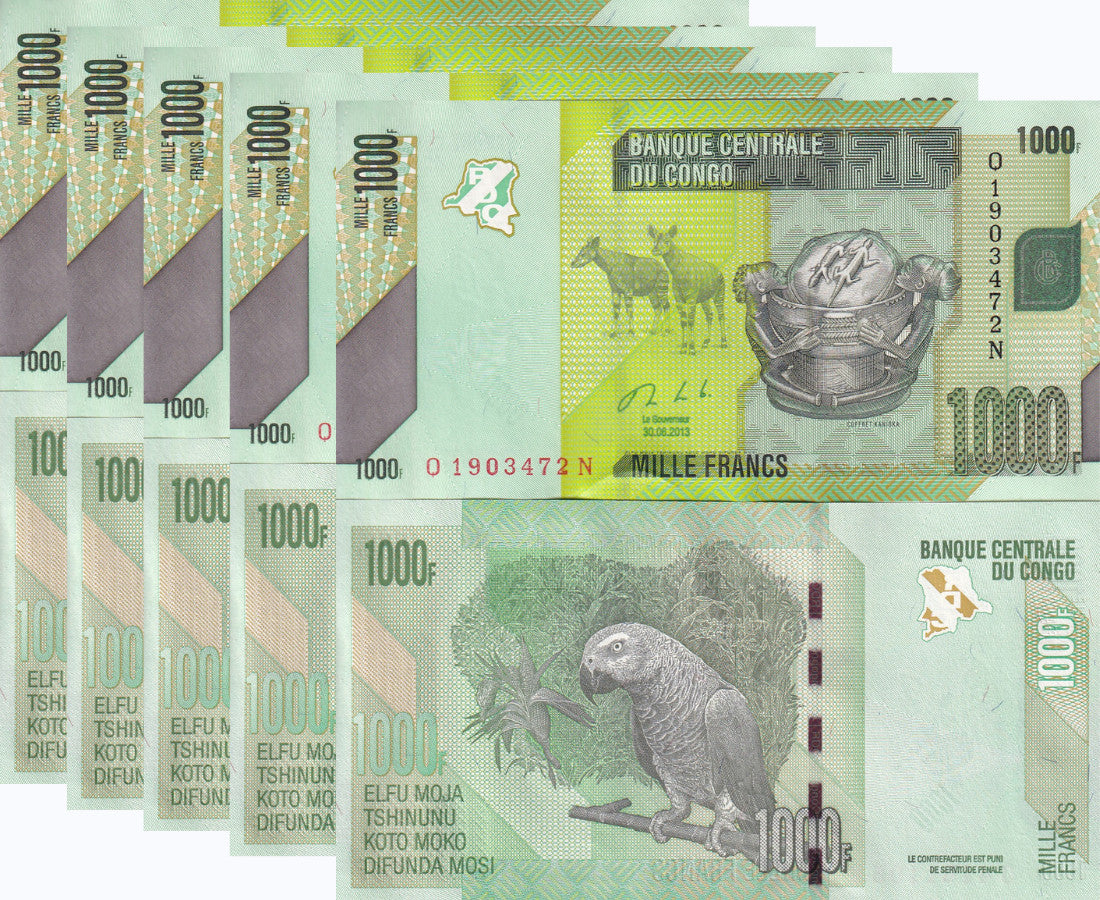 Congo 1000 Francs 2013 P 101 b UNC LOT 5 PCS