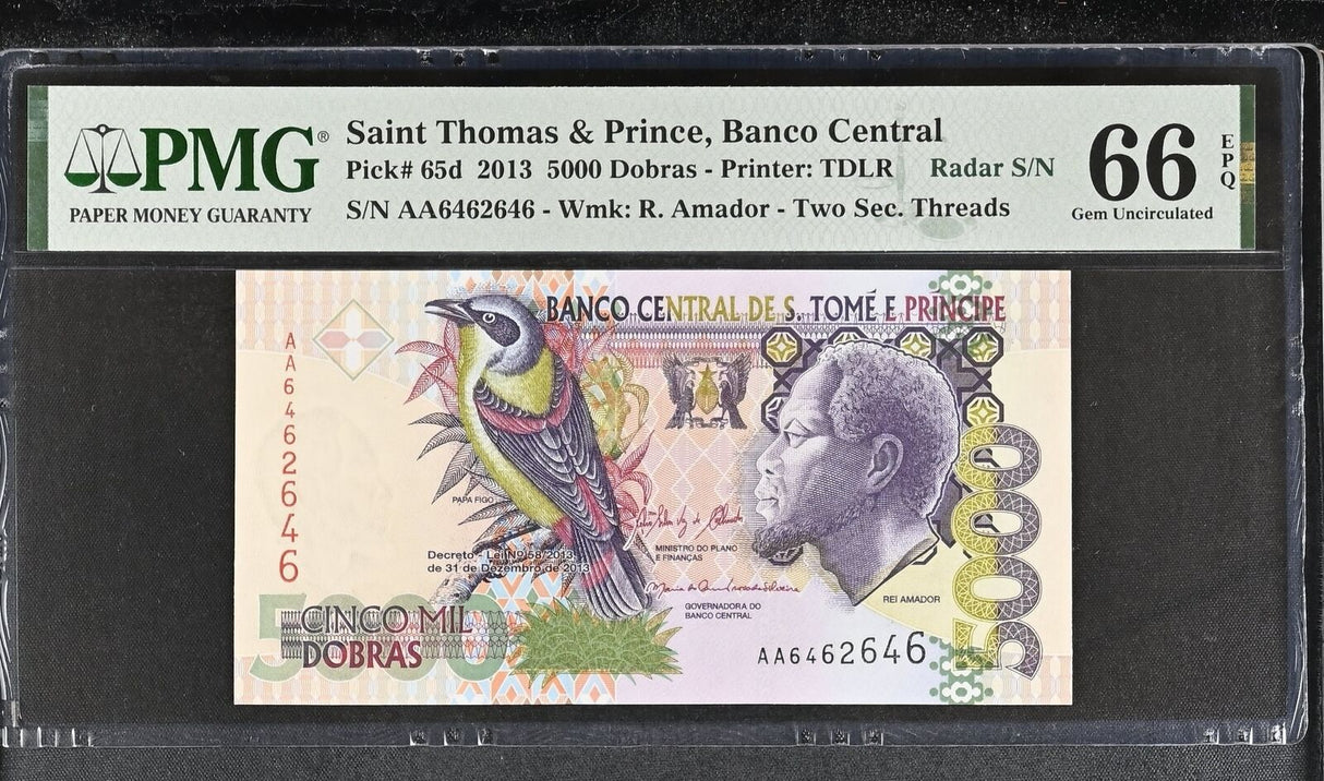 Saint Thomas & Prince 5000 Dobras 2013 P 65 d Gem UNC PMG 66 EPQ