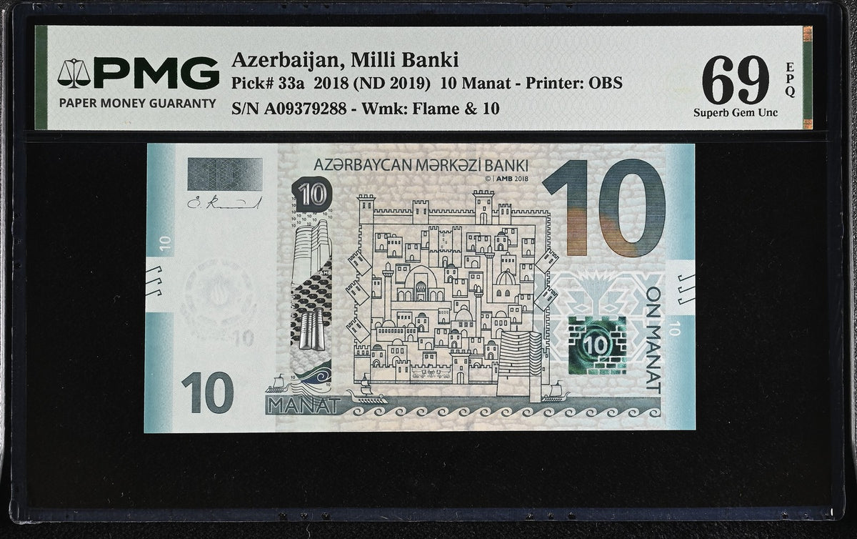 Azerbaijan 10 Manat 2018 ND 2019 P 33 a Superb Gem UNC PMG 69 EPQ