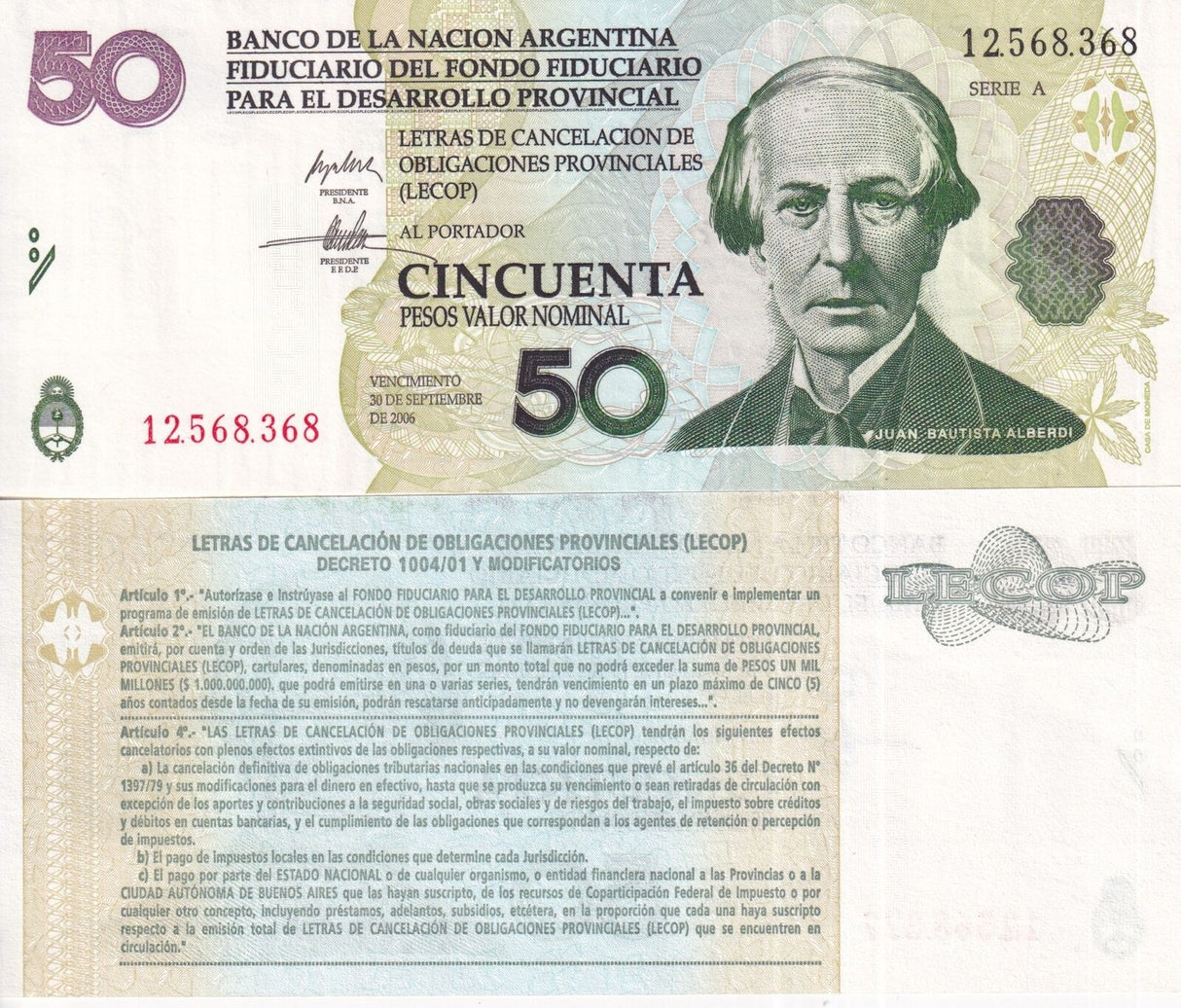 Argentina 50 Pesos (LECOP) Emergency Note 2006 P NL AUnc