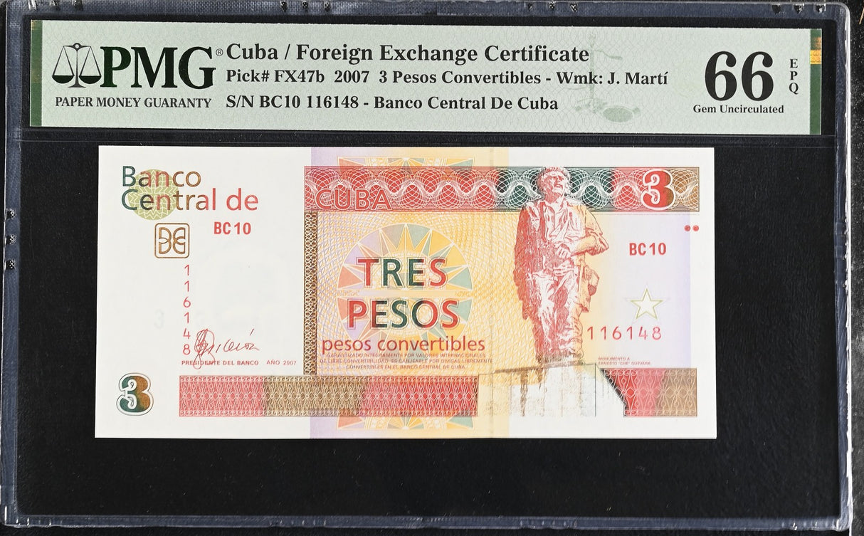 Central America Foreign Exchange 3 Pesos 2007 P FX47b Gem UNC PMG 66 EPQ
