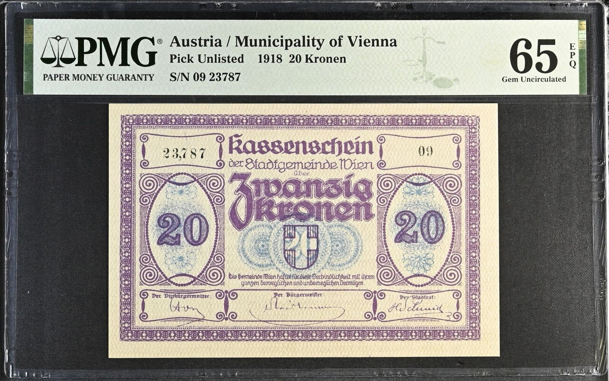Austria 20 Kronen 1918 Municipality of Vienna Gem UNC PMG 65 EPQ