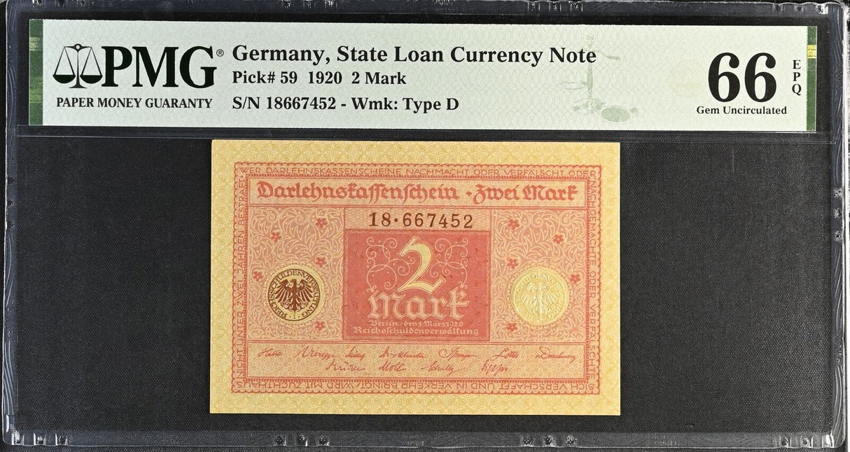 Germany 2 Mark 1920 P 59 Gem UNC PMG 66 EPQ