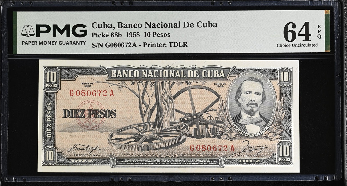 Central America 10 pesos 1958 p 88 b Choice UNC PMG 64 EPQ