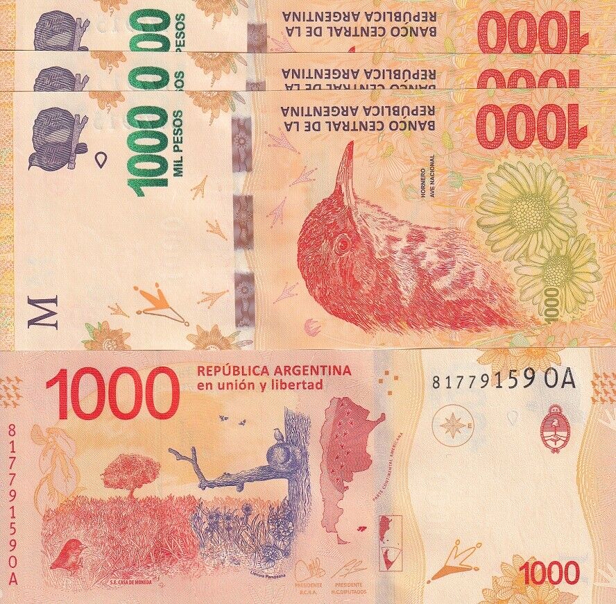 Argentina 1000 Pesos ND 2017 Suffix Random P 366 UNC LOT 3 PCS