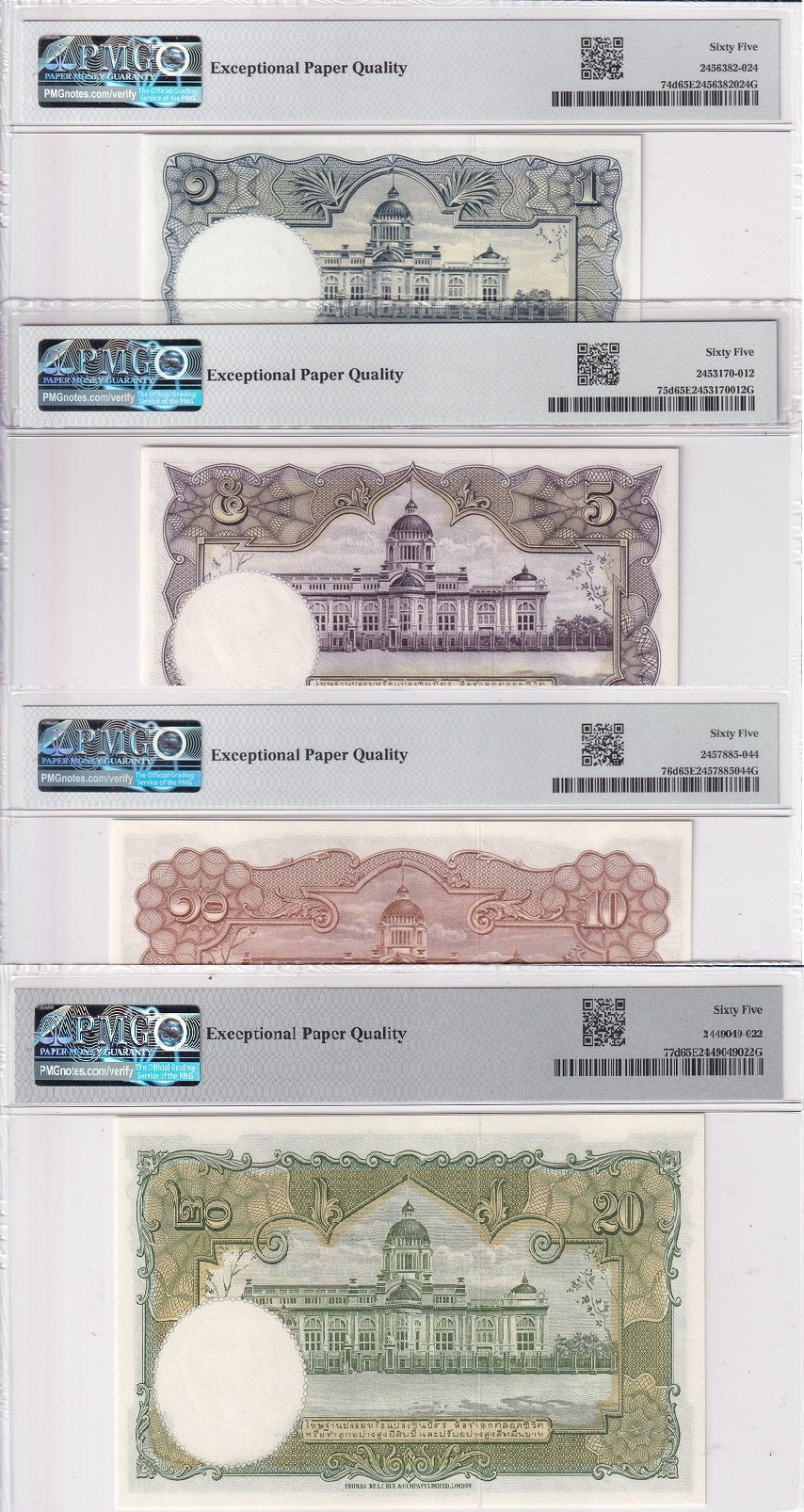 Thailand set 4, 1 5 10 20 BAHT ND 1953-1956 P 74 75 76 77 Gem UNC PMG 65 EPQ