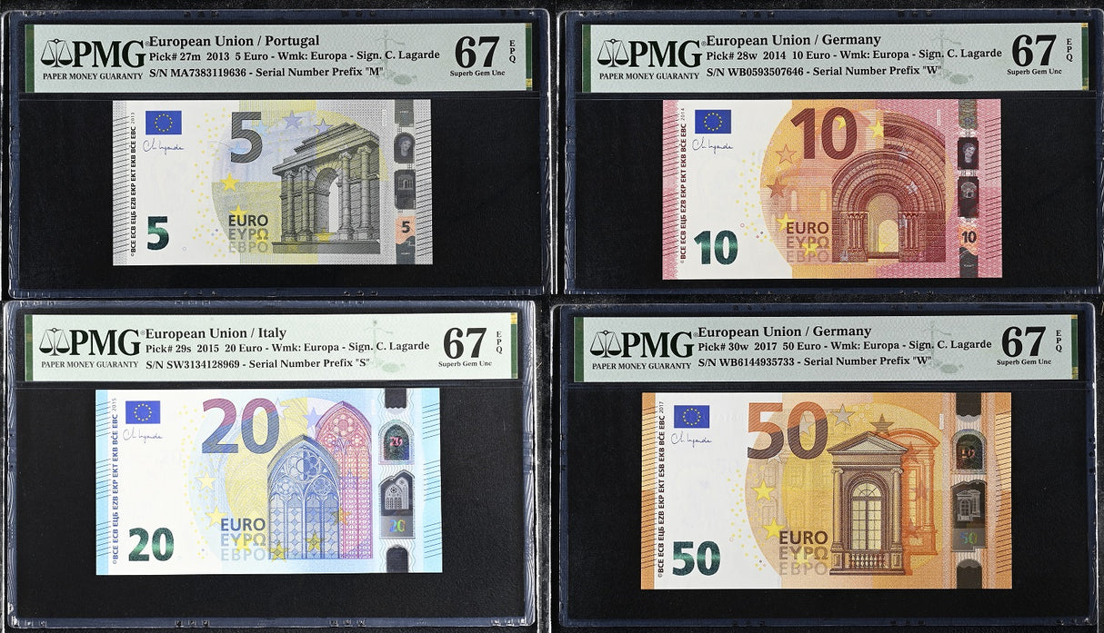 Euro Set 4; 5 10 20 50 Euro 2013-2017 P 27 28 29 30 Superb Gem UNC PMG 67 EPQ