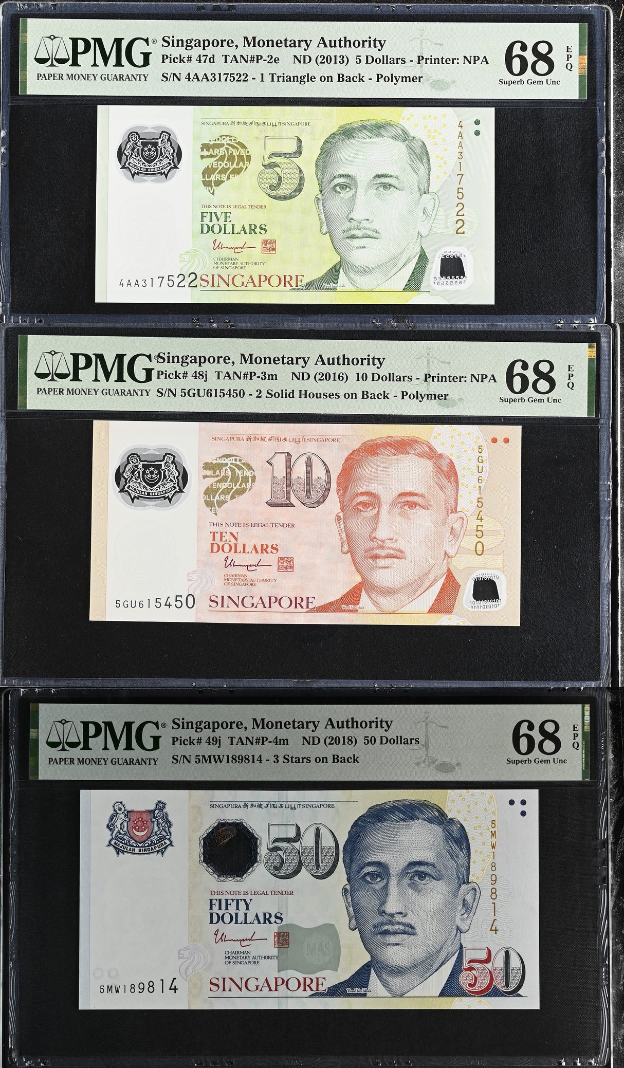 Singapore Set 3 ; 5 10 50 Dollars ND 2020 P 47 48 49 Superb Gem UNC PMG 68 EPQ