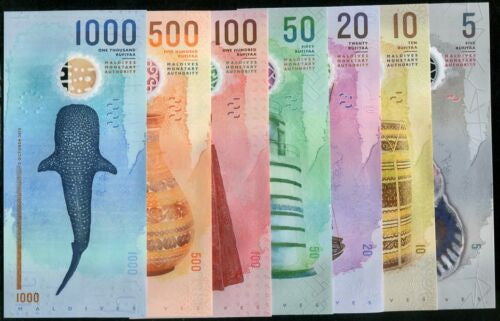 Maldives Set 7 UNC 5 10 20 50 100 500 1000 Rufiyaa 2015-2024 Polymer P A26-36