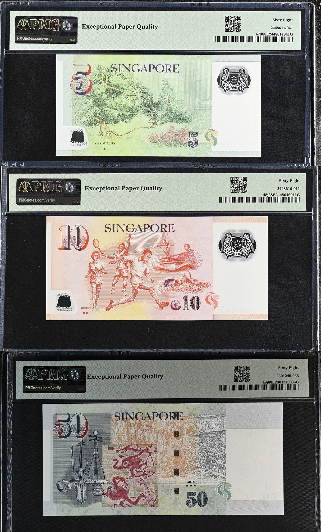 Singapore Set 3 ; 5 10 50 Dollars ND 2020 P 47 48 49 Superb Gem UNC PMG 68 EPQ