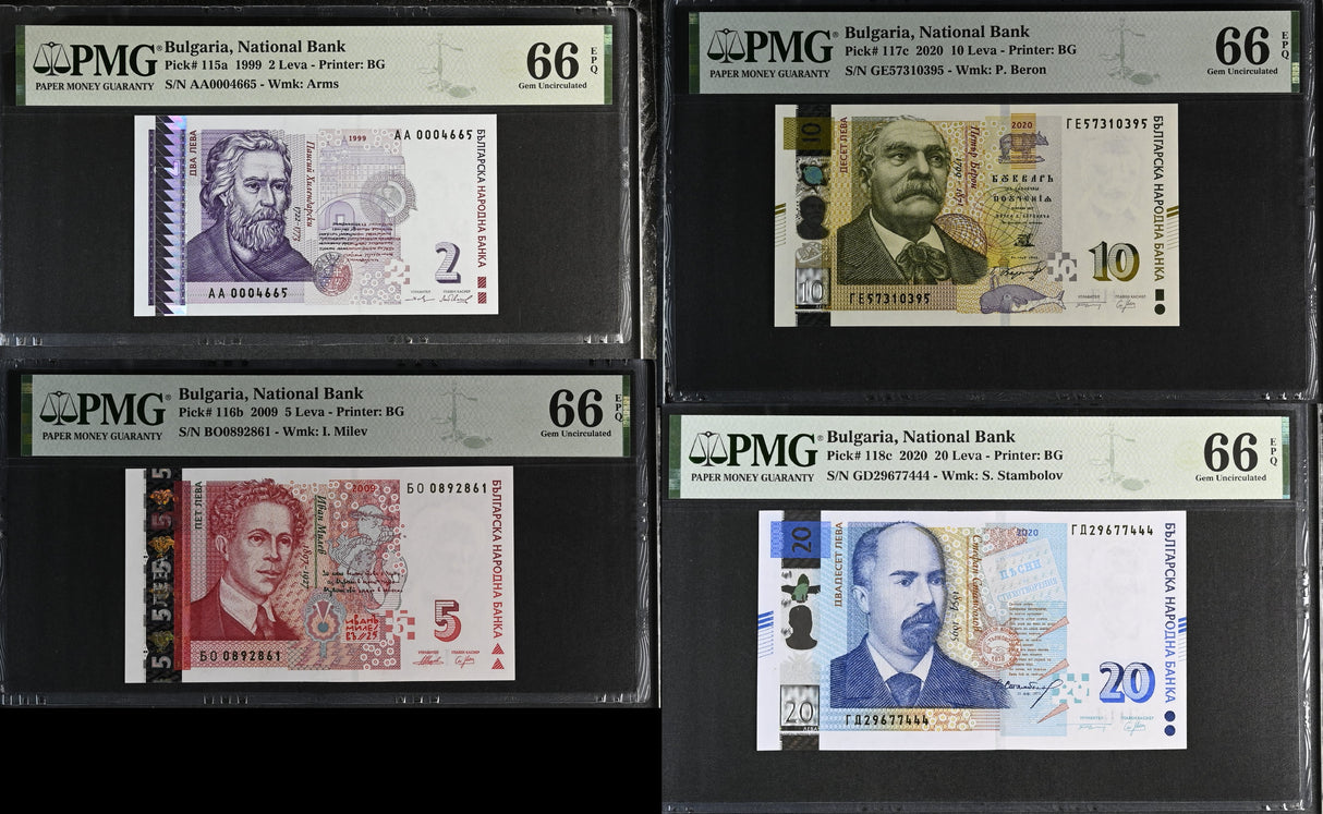 Bulgaria Set 4; 2 5 10 20 Leva 1999-2020 P 115-118 Gem UNC PMG 66 EPQ