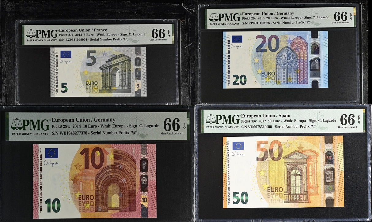Euro Set 4; 5 10 20 50 Euro 2013-2017 P 27 28 29 P 30 Gem UNC PMG 66 EPQ