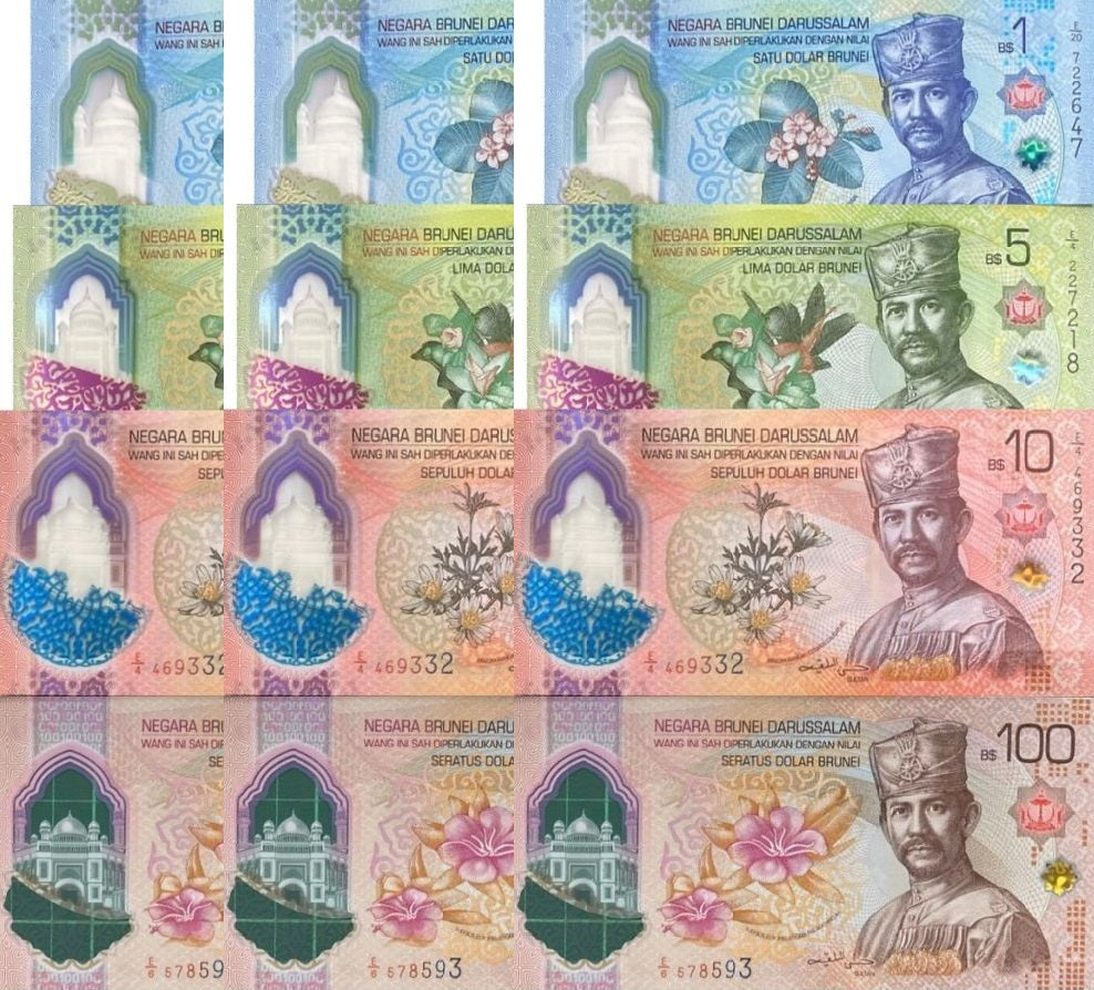 Brunei Set 4 LOT 3 = 12 UNC 1 5 10 100 Dollars 2024 2026 P NEW Polymer Design