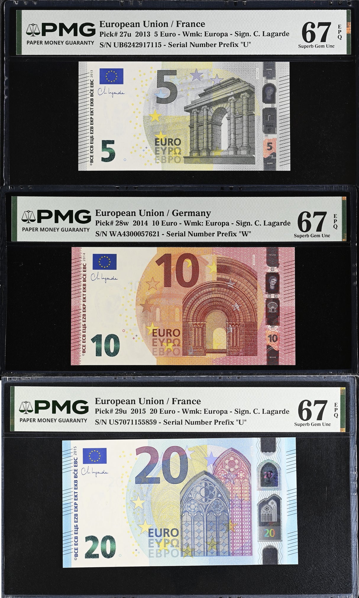 Euro Set 3; 5 10 20 Euro 2013 -2015 P 27 28 29 Superb Gem UNC PMG 67 EPQ