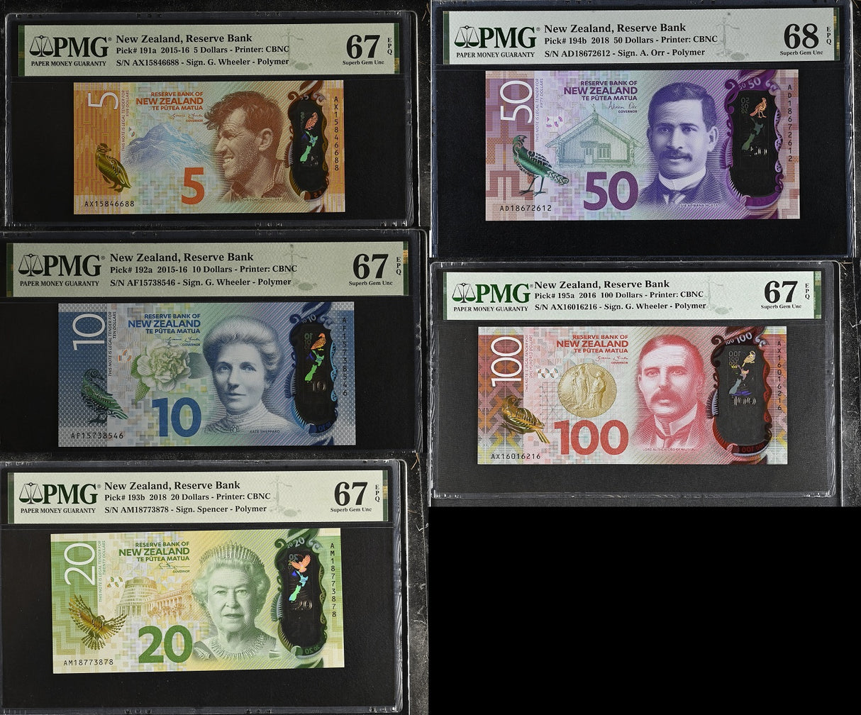 New Zealand Set 5; 5-100 Dollars 2015-18 P 191-P 195 Superb Gem PMG 67 68 EPQ