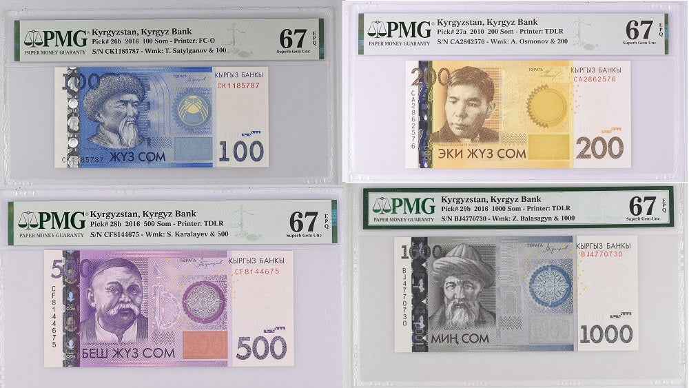 Kyrgyzstan Set 4; 100-500 1000 Som 2010-2016 P 26-P29 Superb Gem UNC PMG 67 EPQ