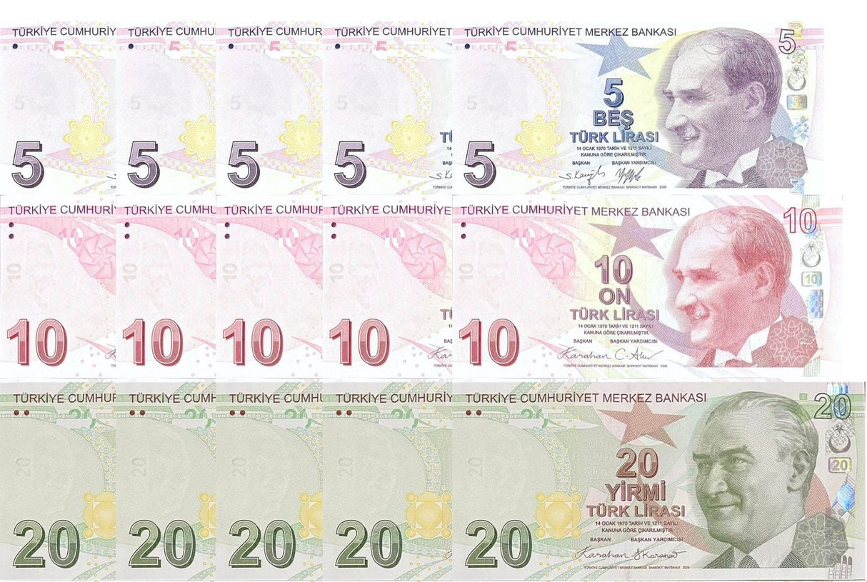 Turkey SET 3 X Lot 5 = 15 UNC 5 10 20 Lira 2022/2025 Mixed Prefix P 222 223 224