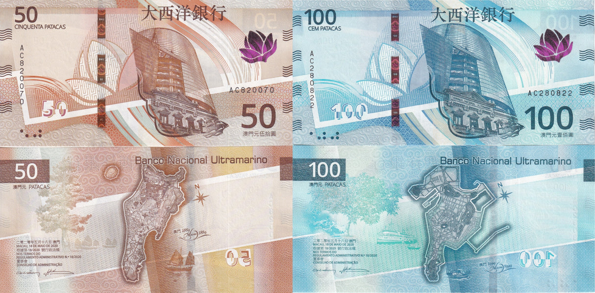 Macau SET 2 UNC 50 100 Patacas 2025 NEW BNU Bank Building MAP P 91 92