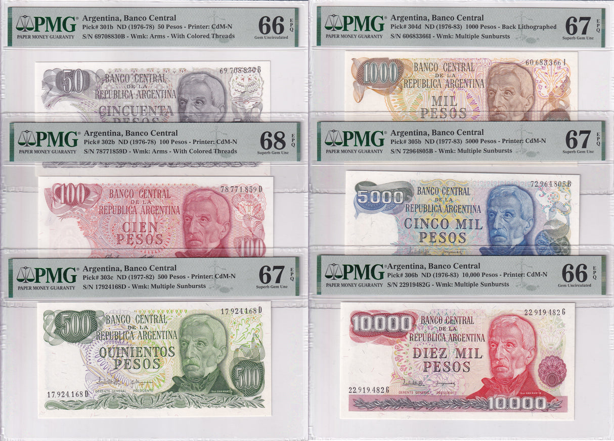 Argentina Set 6; 50 100 500-10k ND 1976 P301-306 Superb Gem UNC PMG 66 67 68 EPQ