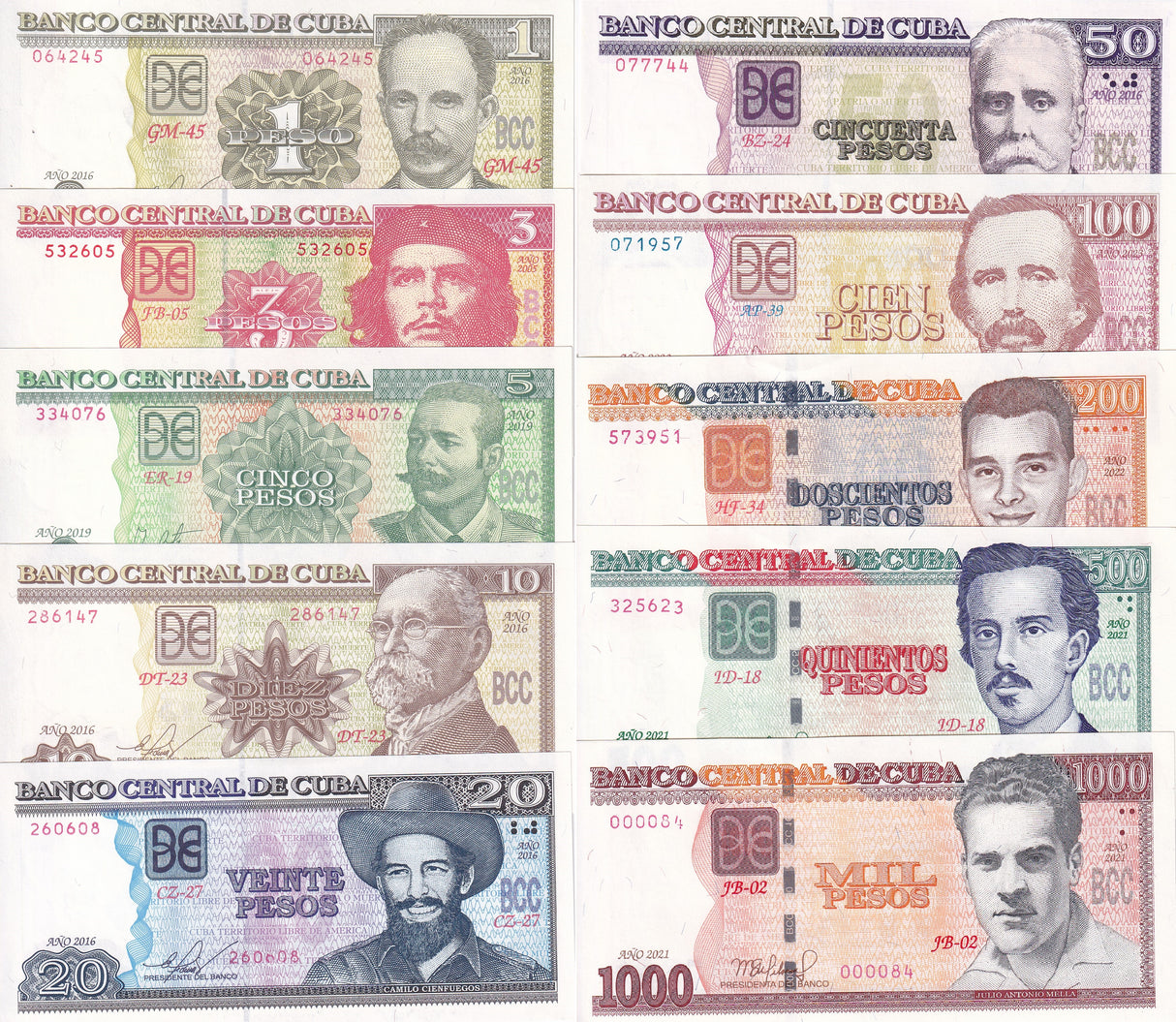 Central America SET 10 AU-UNC 1 3 5 10 20 50 100 -1000 Pesos 2005-2023 P 116 - 129-130-132