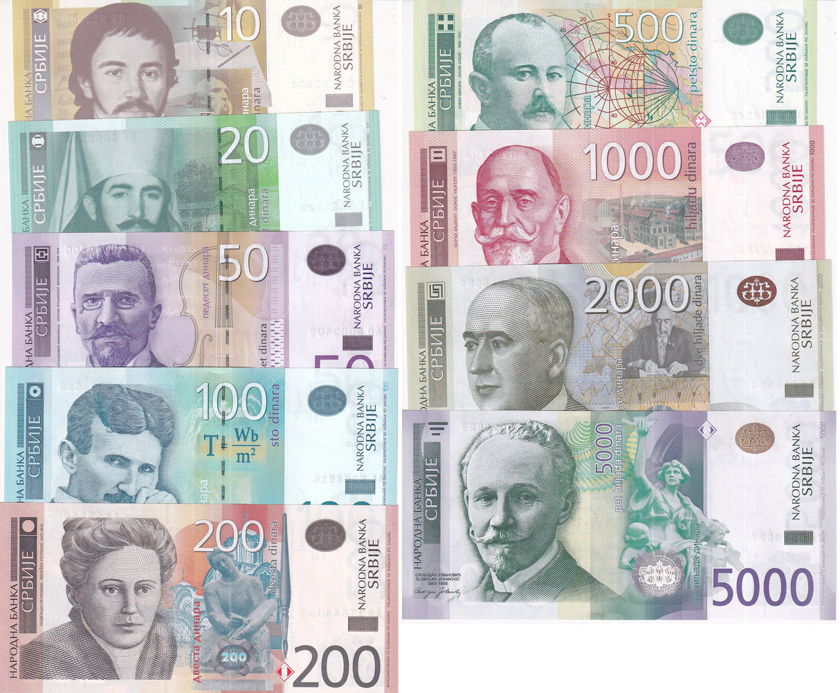 Serbia Set 9 UNC 10 20 50 100 - 500 1000 2000 5000 Dinara Random Year P 54-P 62