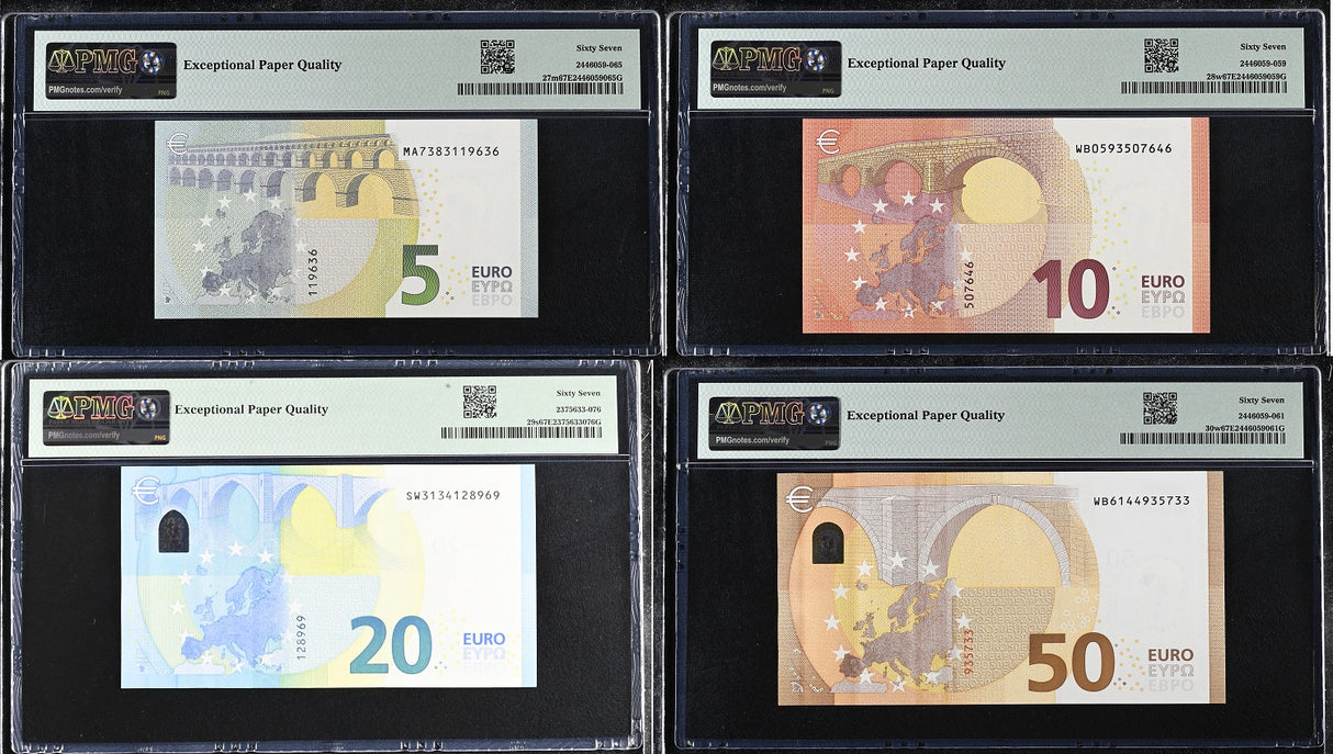 Euro Set 4; 5 10 20 50 Euro 2013-2017 P 27 28 29 30 Superb Gem UNC PMG 67 EPQ