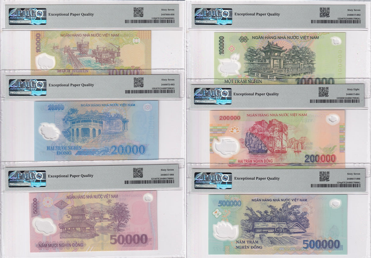 Vietnam Set 6;10000-500000 Dong 2017-2024 P 119-123 124 Superb UNC PMG 67 68 EPQ