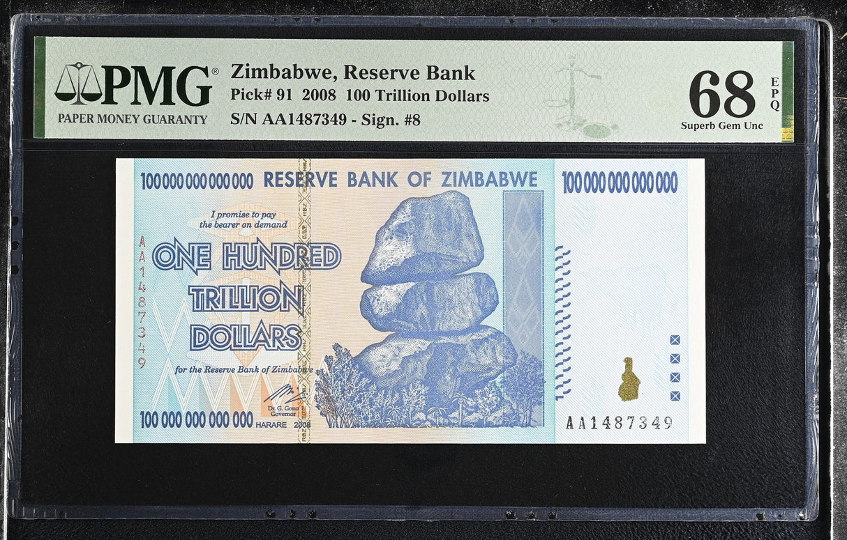 Zimbabwe 100 Trillion Dollars 2008 P 91 Superb Gem UNC PMG 68 EPQ